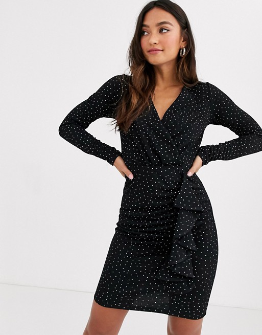 New Look long sleeve wrap mini dress in black polka dot