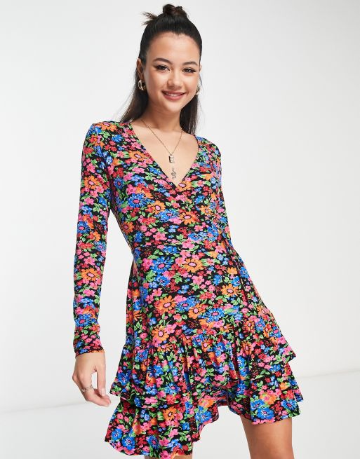 New Look long sleeve wrap mini dress with tiered hem in black floral ASOS