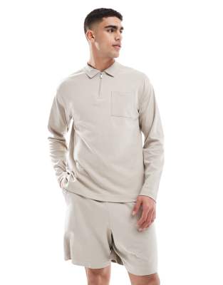 New Look New Look long sleeve zip polo co-ord in stone-Neutral