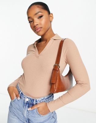 New Look long sleeved polo collar top in camel