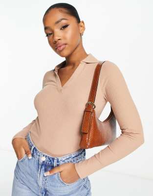 New Look long sleeved polo collar top in camel