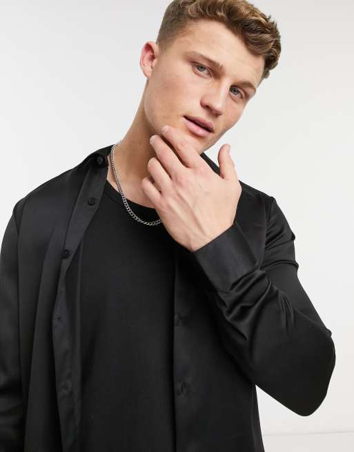 New Look long-sleeved satin shirt in black