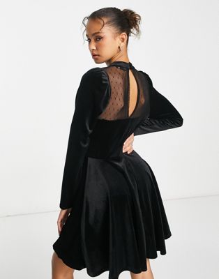 New Look long sleeved velvet dress with sheer lace detail in black