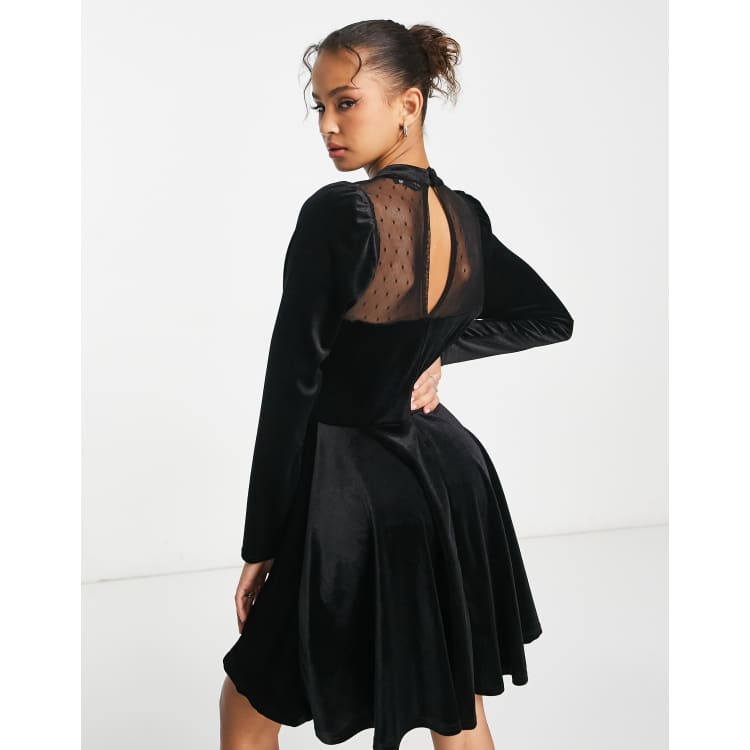 Long Sleeve Velvet Midi Dress With Sheer Lace Details In Black