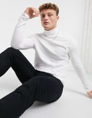 T-shirt met lange mouwen en col in wit 