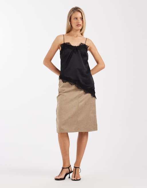 New Look longline asymmetric lace trim satin cami top in black, 2 of 4