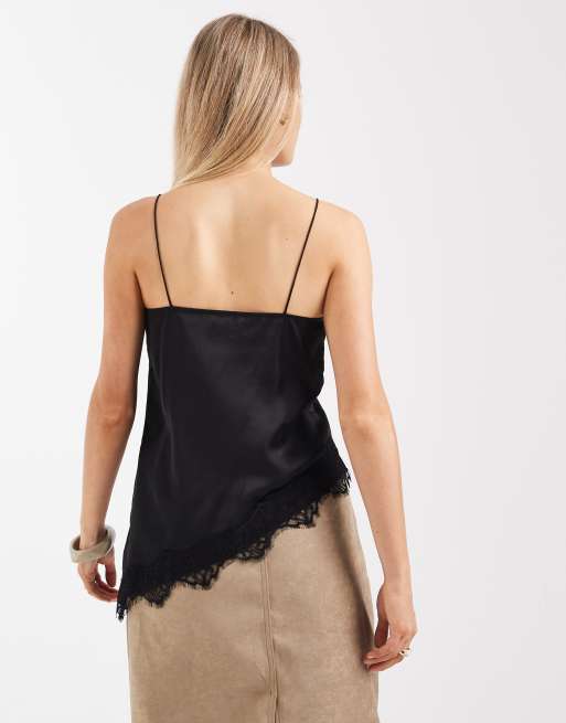 New Look longline asymmetric lace trim satin cami top in black, 3 of 4