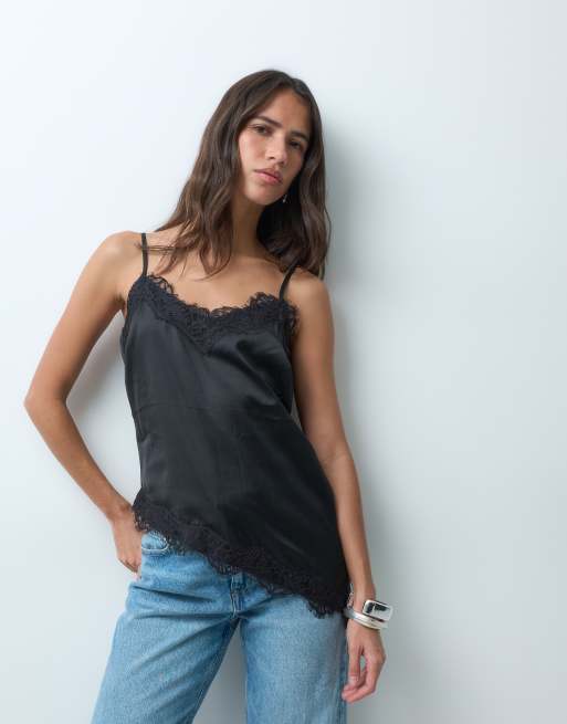 New Look longline asymmetric lace trim satin cami top in black, 3 of 4