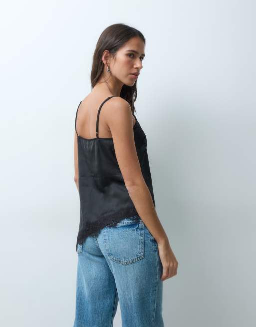 New Look longline asymmetric lace trim satin cami top in black, 4 of 4