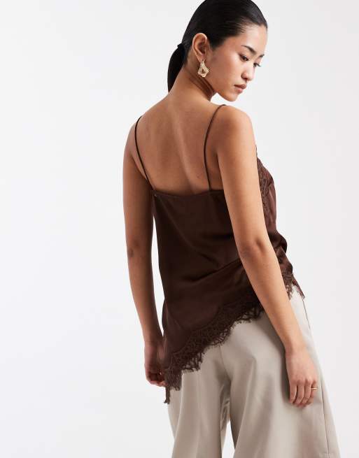 New Look longline asymmetric lace trim satin cami top in brown, 4 of 4