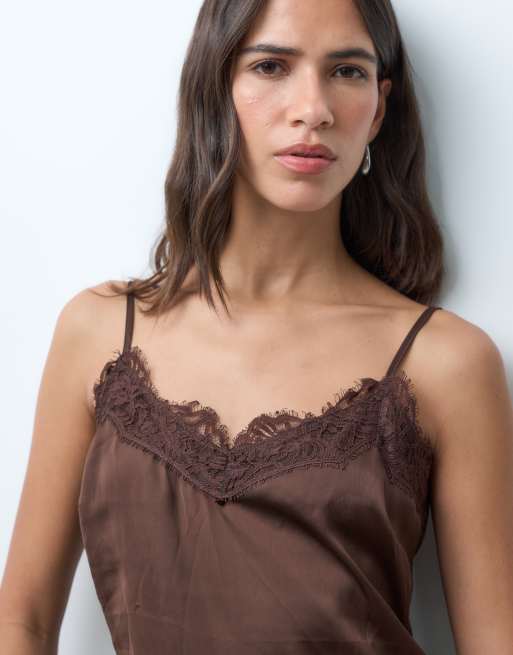New Look longline asymmetric lace trim satin cami top in brown, 3 of 4