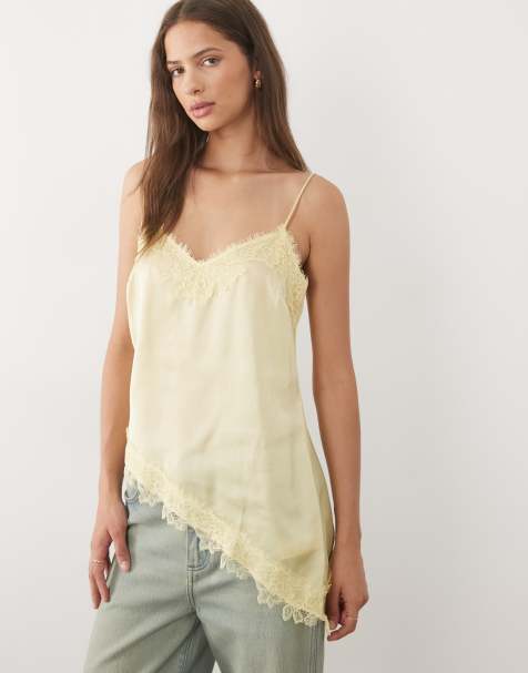 New Look longline asymmetric lace trim satin cami top in light yellow - view 1