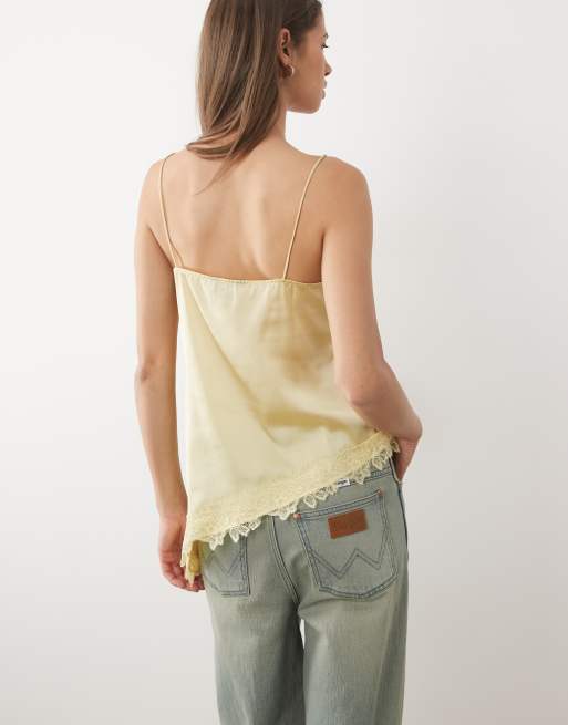 New Look longline asymmetric lace trim satin cami top in light yellow, 2 of 4