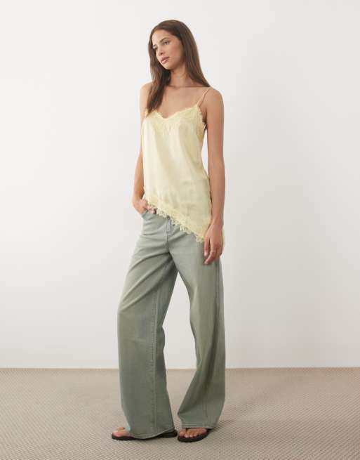 New Look longline asymmetric lace trim satin cami top in light yellow, 4 of 4
