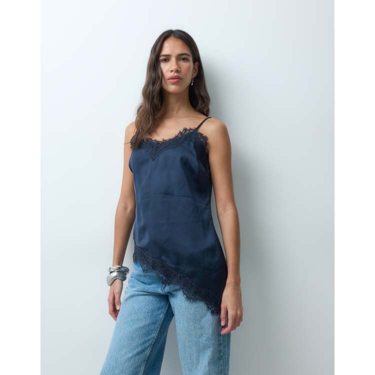 New Look longline asymmetric lace trim satin cami top in navy | ASOS