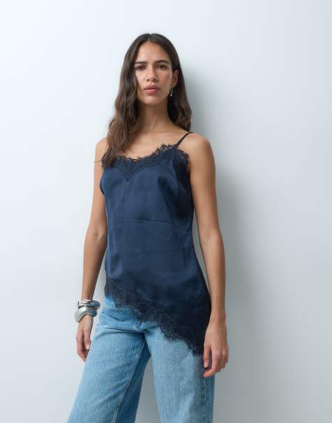 New Look longline asymmetric lace trim satin cami top in navy