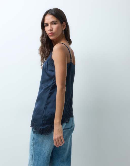 New Look longline asymmetric lace trim satin cami top in navy, 3 of 4
