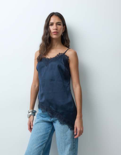 New Look longline asymmetric lace trim satin cami top in navy, 4 of 4