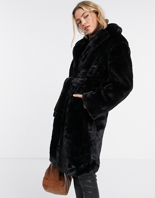 New Look longline belted faux fur coat in black
