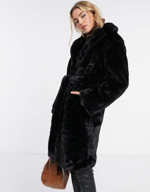 Black belted shop faux fur coat