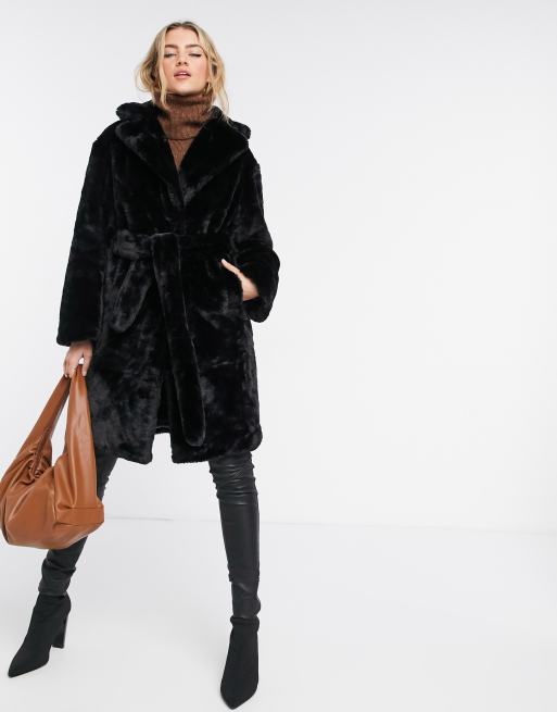 Black faux cheap fur belted coat