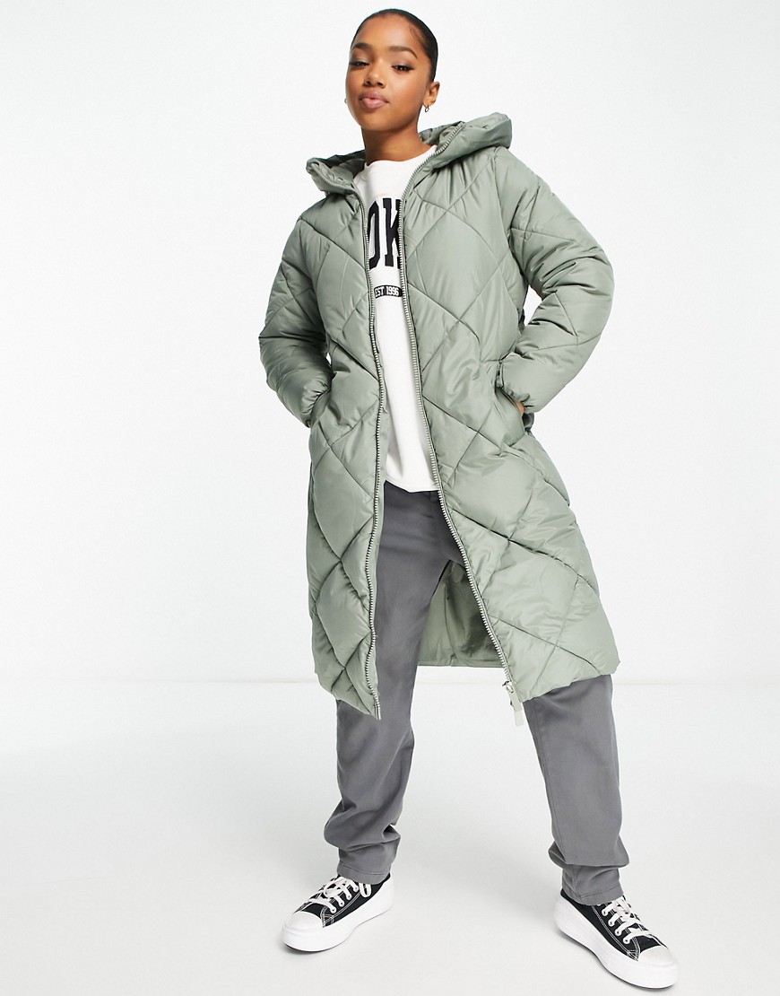 New Look longline diamond quilted padded coat in khaki-Green