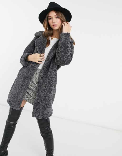 New Look longline faux fur teddy coat in dark grey