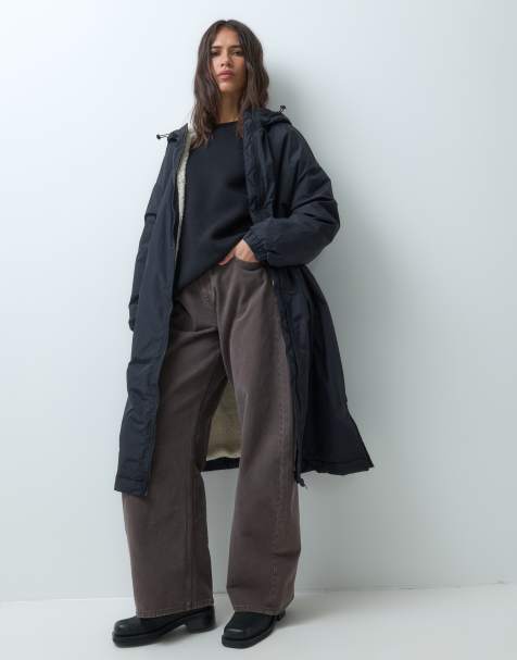 New Look longline fleece lined rain coat in navy - view 1