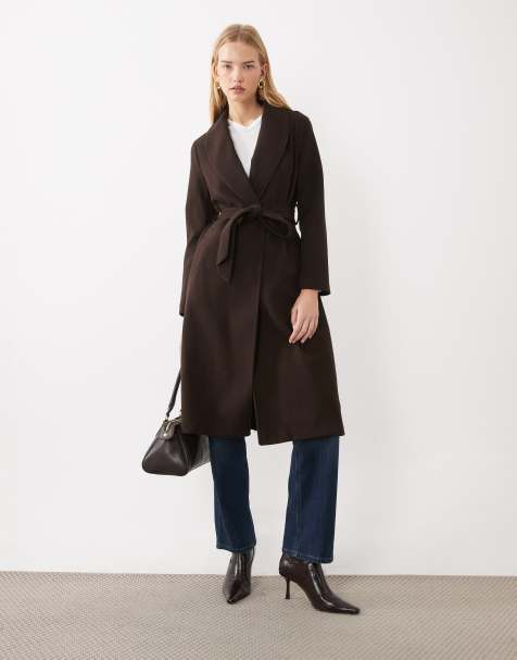 New Look longline frakke med bælte i mørkebrun - view 1