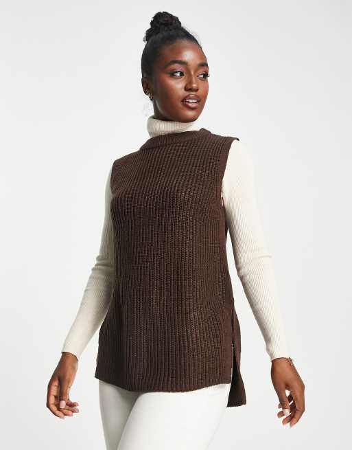 LTS Tall Beige Brown Chunky Knit Vest Top