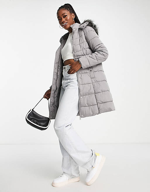 New Look longline padded coat with faux fur hood | ASOS