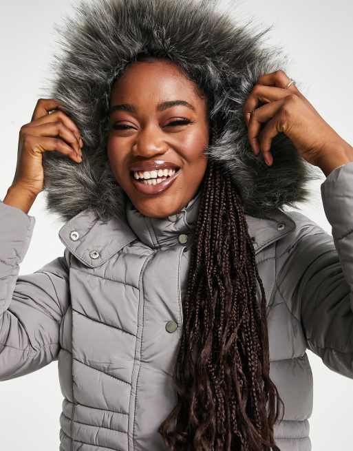 Padded Faux Fur Hooded Coat Grey