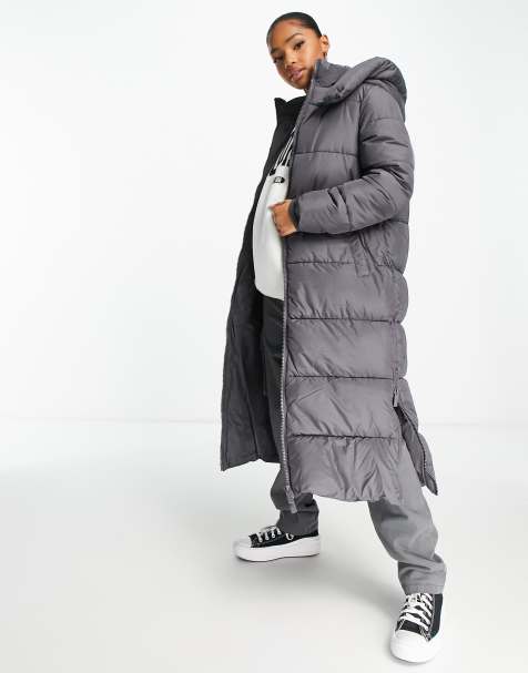 New Look longline padded coat with hood in grey - view 1