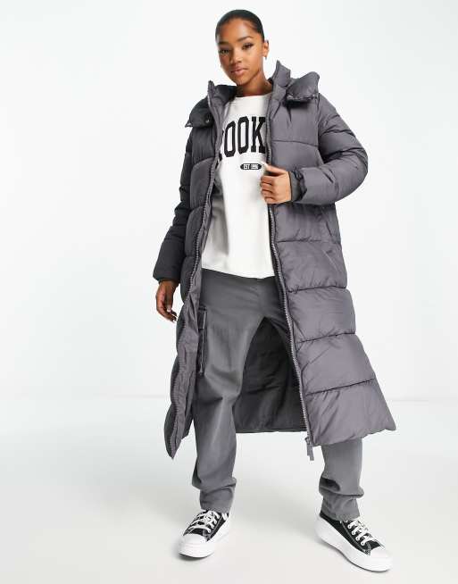 New Look longline padded coat with hood in grey ASOS
