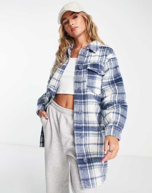 New Look longline plaid shirt jacket in blue