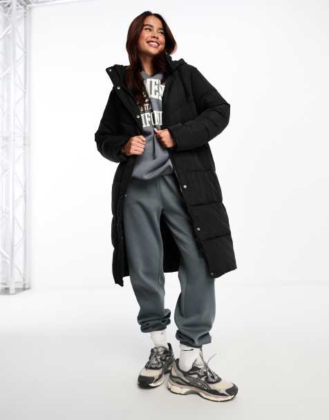 New Look longline puffer coat with hood in black - view 1