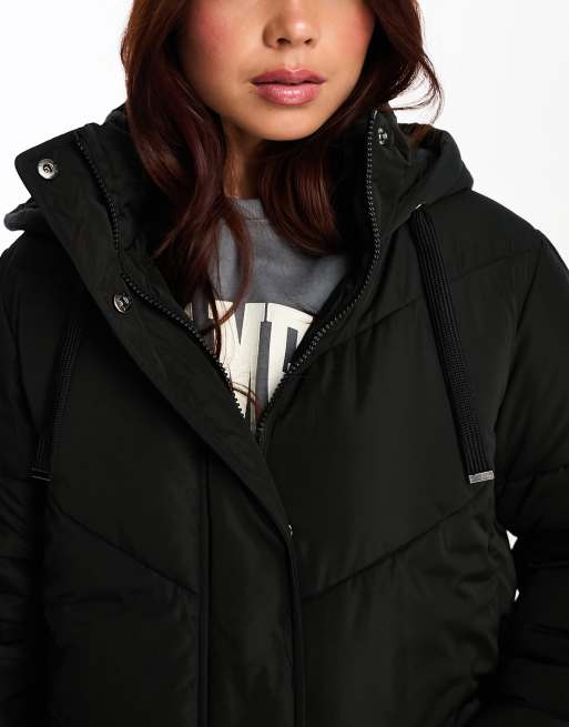 New Look longline puffer coat with hood in black ASOS