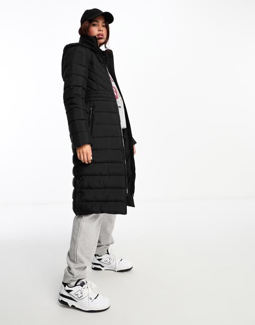 ASOS DESIGN longline puffer jacket in black monogram print