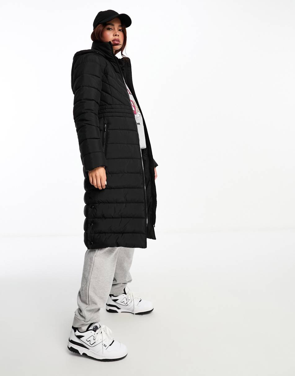 New Look longline padded coat with hood in black