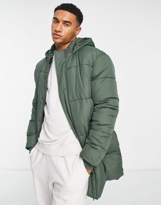 New Look Longline Puffer Jacket In Khaki-green