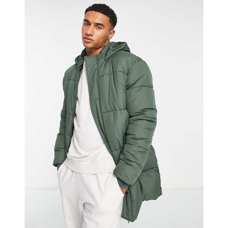 Dark Green Longline Hooded Puffer Jacket