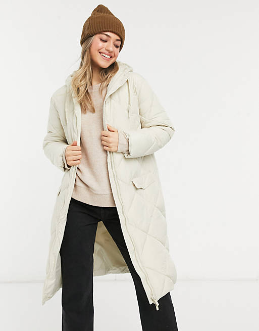 New Look longline quilted puffer coat in cream | ASOS