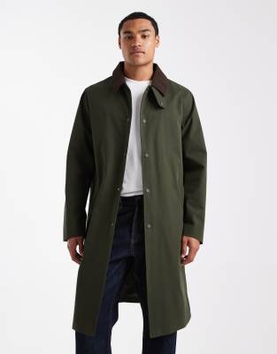 Longline-Trenchcoat in dunklem Khaki mit Cordkragen-Grün Grün M