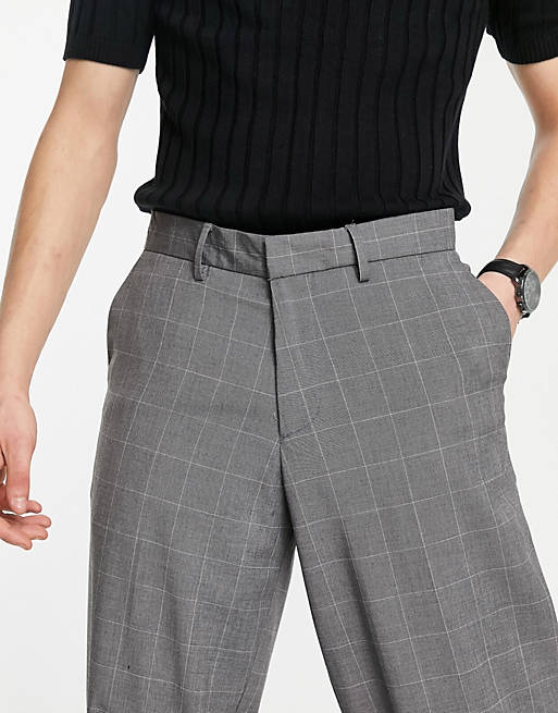  New Look loose fit pleated smart trousers in grey windowpane check 