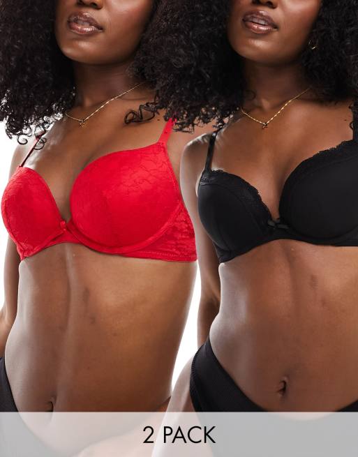 New Look - Lot de 2 soutiens-gorge push-up en tulle et dentelle - Noir et rouge