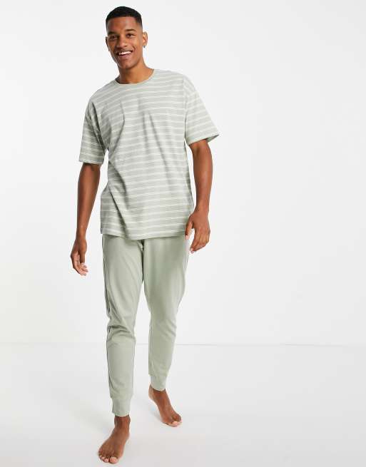 New Look lounge oversized stripe t shirt sweatpants set in khaki