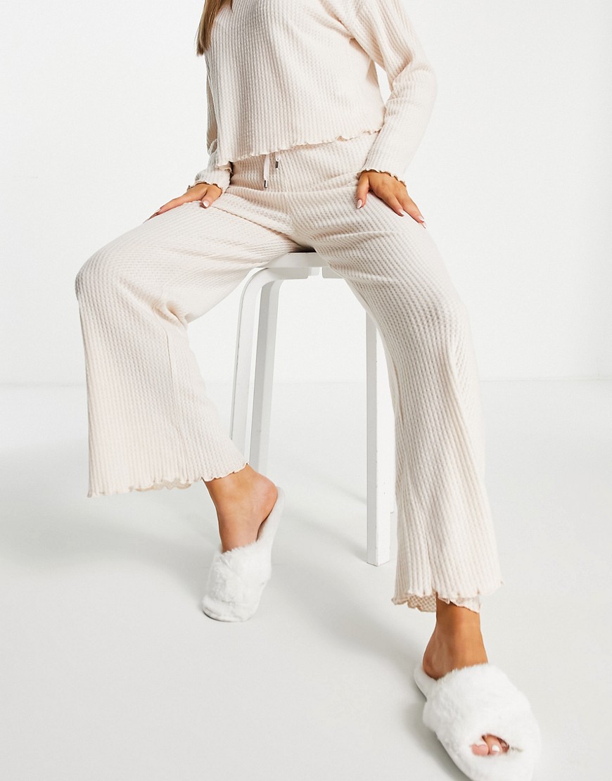 New Look lounge set waffle wide leg pants in cream-White