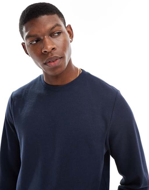 New Look - Loungewear - Marineblå og langærmet T-shirt med vaffeltekstur - Del af sæt