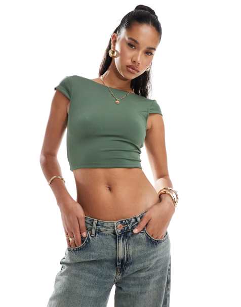 New Look low back crop top in green - view 1