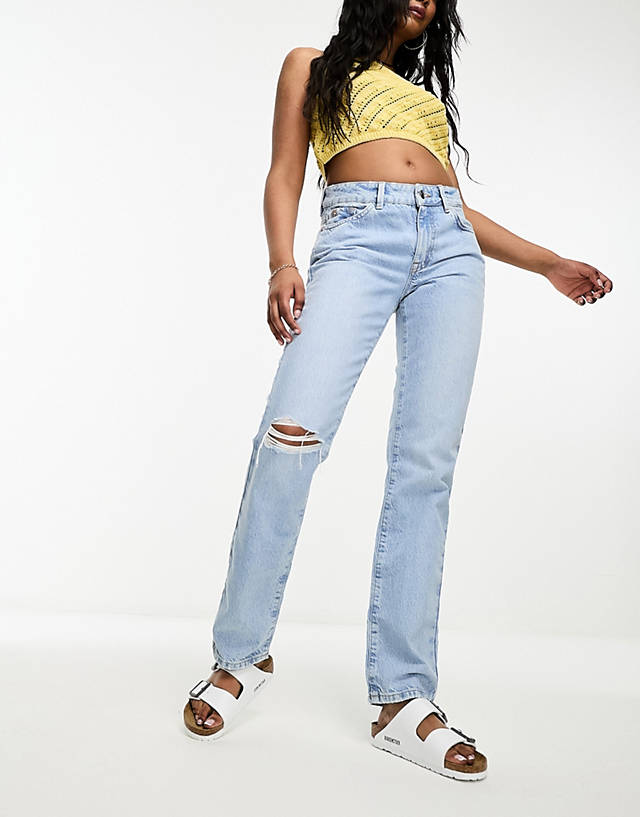 New Look - low rise ripped straight jeans in light blue